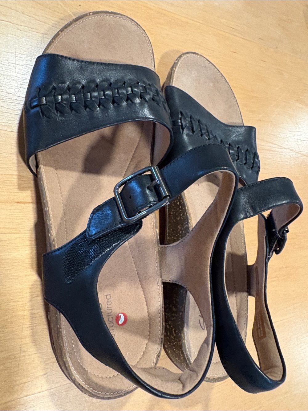 Clarks ~ Jet Black Leather Woven Strap Buckle Sandals Shoes